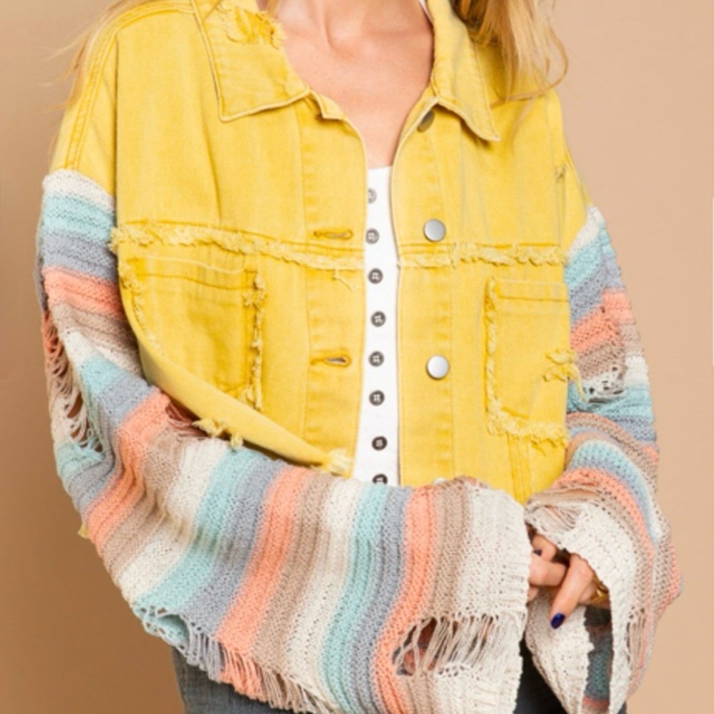 Sunny Yellow Denim Jacket with Multicolor Knit Sleeves